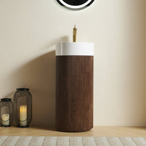 English Elm Jinbo Cylindrical Freestanding Bathroom Vanity Sculptural Wood Cabinet with Solid Surface Basin Walnut W2615S00787