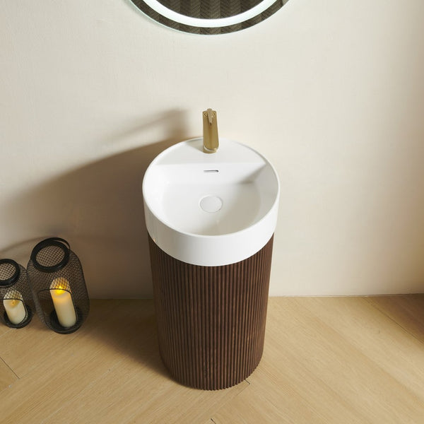 English Elm Jinbo Cylindrical Freestanding Bathroom Vanity Sculptural Wood Cabinet with Solid Surface Basin Walnut W2615S00787
