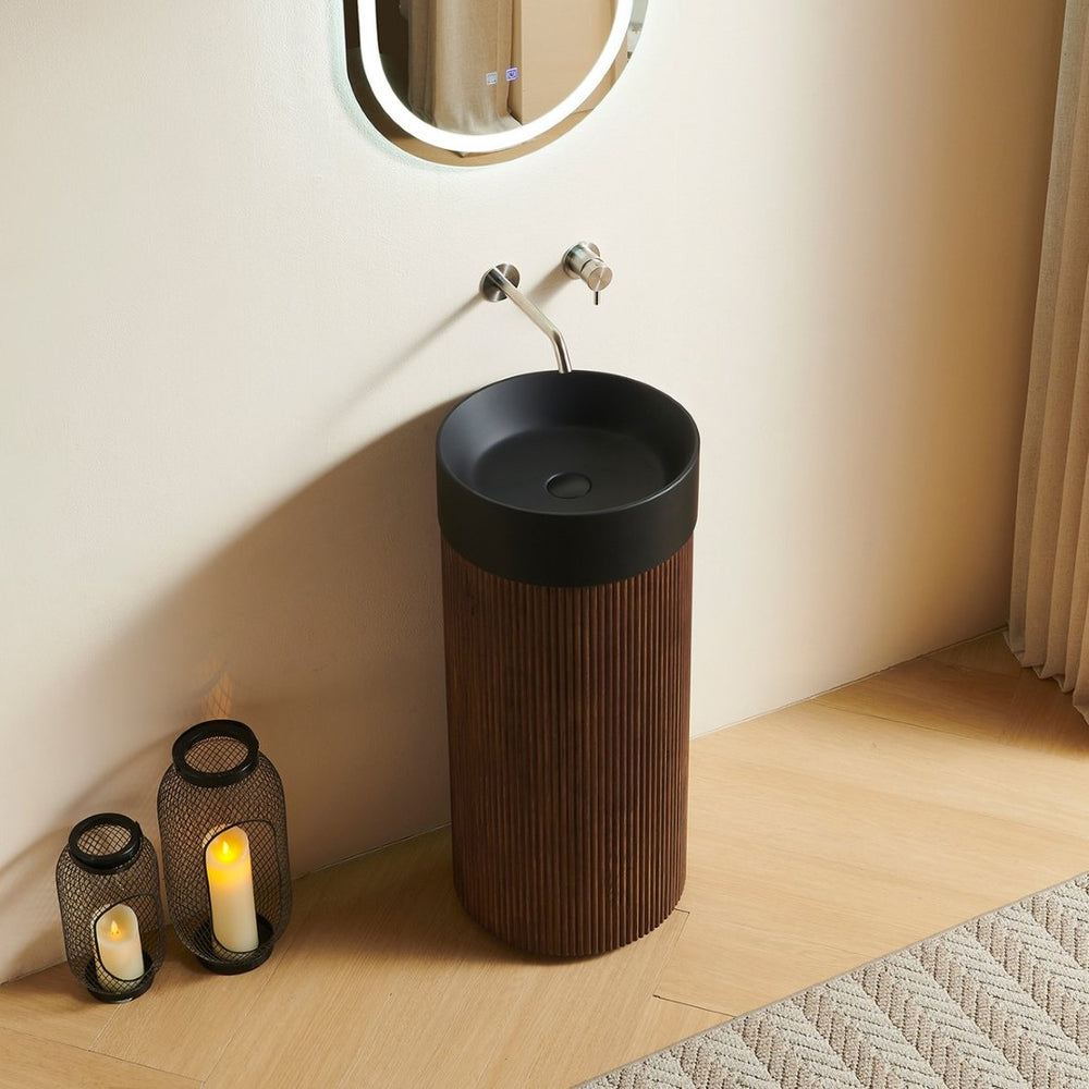 English Elm Jinbo Cylindrical Freestanding Vanity Cabinet Matte Black Basin Embossed Woodgrain Finish Walnut W2615S00788