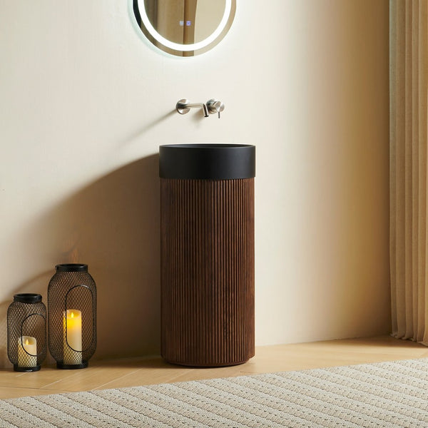 English Elm Jinbo Cylindrical Freestanding Vanity Cabinet Matte Black Basin Embossed Woodgrain Finish Walnut W2615S00788