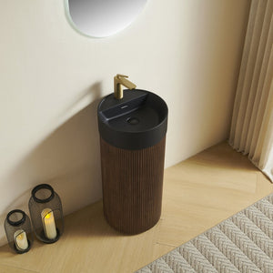 English Elm Jinbo Cylindrical Bathroom Vanity with Black Solid Surface Basin and Wood Grain Texture Walnut W2615S00789