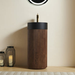 English Elm Jinbo Cylindrical Bathroom Vanity with Black Solid Surface Basin and Wood Grain Texture Walnut W2615S00789