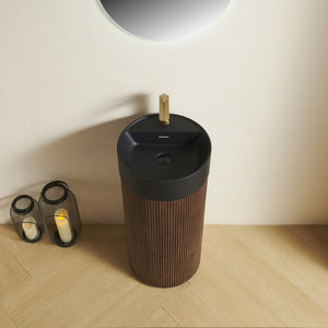 English Elm Jinbo Cylindrical Bathroom Vanity with Black Solid Surface Basin and Wood Grain Texture Walnut W2615S00789