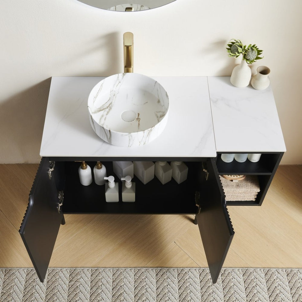English Elm Turio 42 Inch Carrara Stone Vanity with Ceramic Basin Open Shelf and Soft Close Cabinet W2615S00791