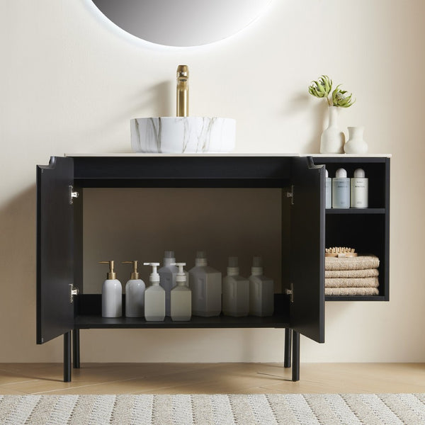 English Elm Turio 42 Inch Carrara Stone Vanity with Ceramic Basin Open Shelf and Soft Close Cabinet W2615S00791
