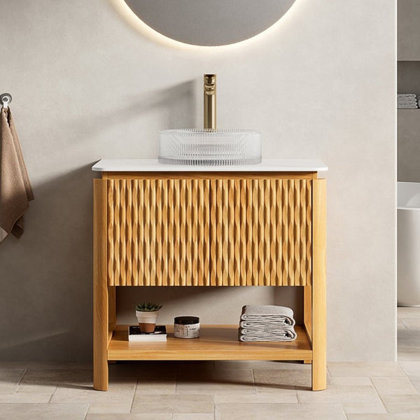 English Elm Sharma Freestanding Bathroom Vanity Fluted Wood Cabinet with Glass Vessel Sink Stone Top W2615S00793