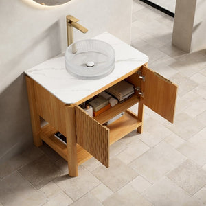 English Elm Sharma Freestanding Bathroom Vanity Fluted Wood Cabinet with Glass Vessel Sink Stone Top W2615S00793