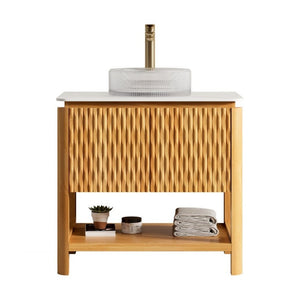 English Elm Sharma Freestanding Bathroom Vanity Fluted Wood Cabinet with Glass Vessel Sink Stone Top W2615S00793