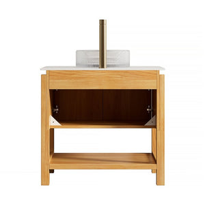 English Elm Sharma Freestanding Bathroom Vanity Fluted Wood Cabinet with Glass Vessel Sink Stone Top W2615S00793