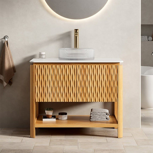 English Elm Sharma Freestanding Bathroom Vanity with Sintered Stone Top and Glass Vessel Sink W2615S00794