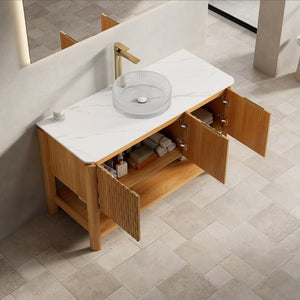 English Elm Sharma 48 Inch Freestanding Bathroom Vanity Fluted Wood Doors Glass Vessel Sink Stone Top W2615S00795