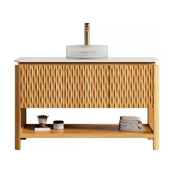 English Elm Sharma 48 Inch Freestanding Bathroom Vanity Fluted Wood Doors Glass Vessel Sink Stone Top W2615S00795