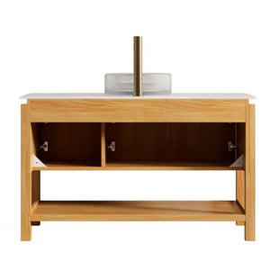 English Elm Sharma 48 Inch Freestanding Bathroom Vanity Fluted Wood Doors Glass Vessel Sink Stone Top W2615S00795