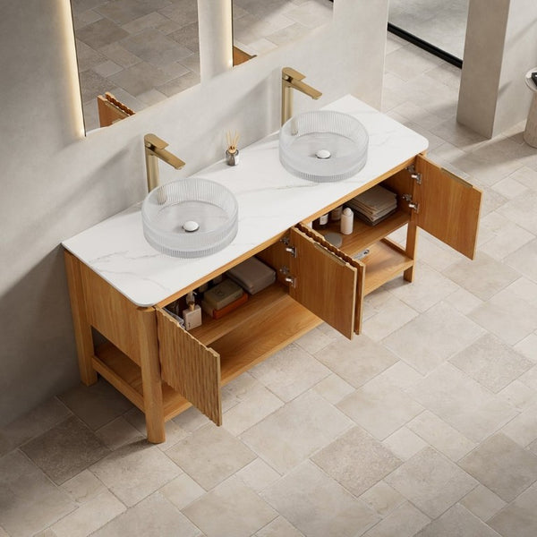 English Elm Sharma Freestanding Bathroom Vanity with Fluted Bamboo Doors and Sintered Stone Top W2615S00796