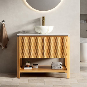 English Elm Sharma Freestanding Bathroom Vanity with Fluted Wood Doors Sintered Stone Top Vessel Basin W2615S00798
