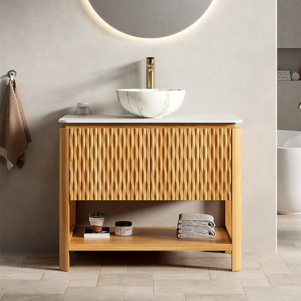English Elm Sharma Freestanding Bathroom Vanity with Fluted Wood Doors Sintered Stone Top Vessel Basin W2615S00798