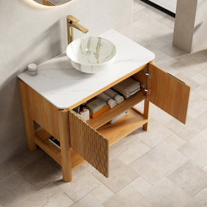English Elm Sharma Freestanding Bathroom Vanity with Fluted Wood Doors Sintered Stone Top Vessel Basin W2615S00798
