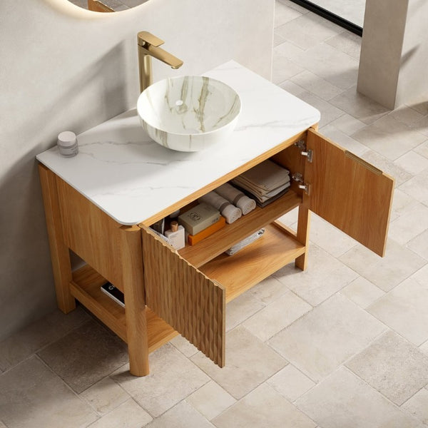 English Elm Sharma Freestanding Bathroom Vanity with Fluted Wood Doors Sintered Stone Top Vessel Basin W2615S00798