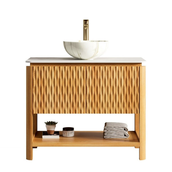 English Elm Sharma Freestanding Bathroom Vanity with Fluted Wood Doors Sintered Stone Top Vessel Basin W2615S00798