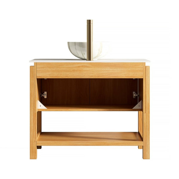 English Elm Sharma Freestanding Bathroom Vanity with Fluted Wood Doors Sintered Stone Top Vessel Basin W2615S00798
