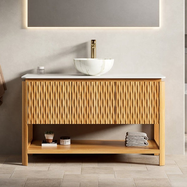 English Elm Sharma 48 Inch Freestanding Bathroom Vanity Fluted Wood Cabinet Sintered Stone Top W2615S00799