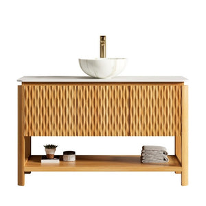 English Elm Sharma 48 Inch Freestanding Bathroom Vanity Fluted Wood Cabinet Sintered Stone Top W2615S00799
