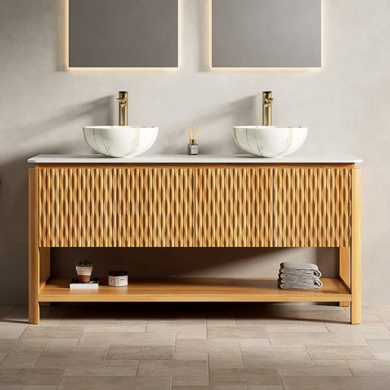 English Elm Sharma 60 Inch Double Bathroom Vanity with Fluted Bamboo Doors and Sintered Stone Top W2615S00800