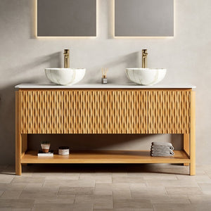 English Elm Sharma 60 Inch Double Bathroom Vanity with Fluted Bamboo Doors and Sintered Stone Top W2615S00800