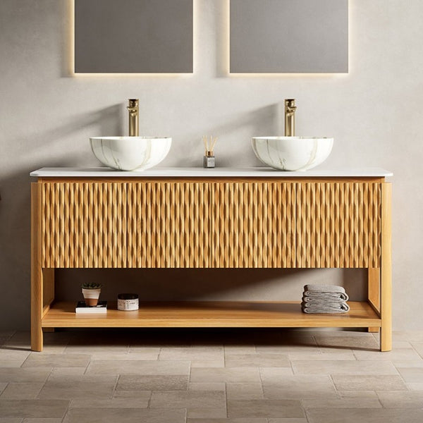 English Elm Sharma 60 Inch Double Bathroom Vanity with Fluted Bamboo Doors and Sintered Stone Top W2615S00800