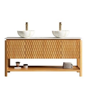 English Elm Sharma 60 Inch Double Bathroom Vanity with Fluted Bamboo Doors and Sintered Stone Top W2615S00800