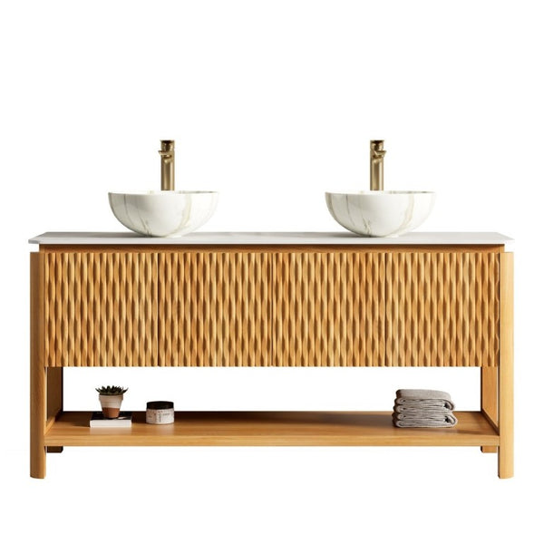 English Elm Sharma 60 Inch Double Bathroom Vanity with Fluted Bamboo Doors and Sintered Stone Top W2615S00800