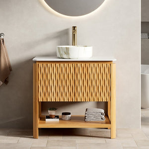 English Elm Sharma Freestanding Bathroom Vanity with Fluted Bamboo Doors and Carrara Stone Top W2615S00801