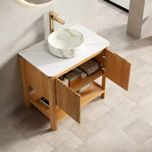 English Elm Sharma Freestanding Bathroom Vanity with Fluted Bamboo Doors and Carrara Stone Top W2615S00801