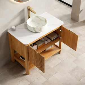 English Elm Sharma 36 Inch Freestanding Bathroom Vanity with Fluted Doors and Vessel Sink W2615S00802