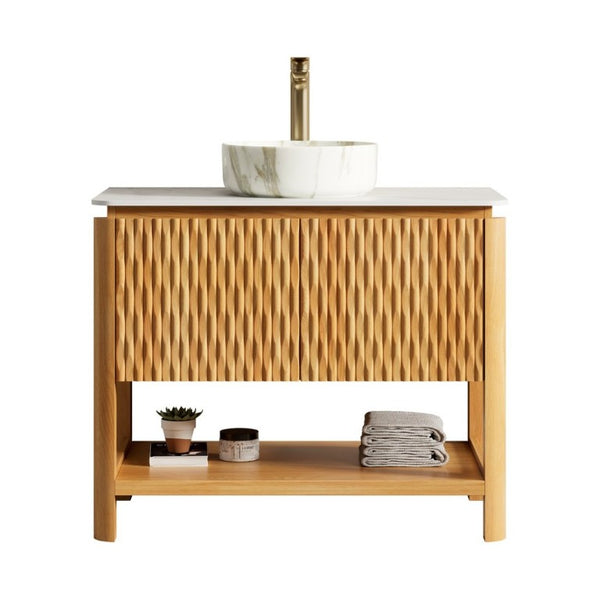English Elm Sharma 36 Inch Freestanding Bathroom Vanity with Fluted Doors and Vessel Sink W2615S00802
