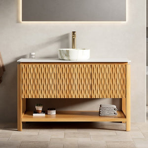 English Elm Sharma 48 Inch Freestanding Bathroom Vanity with Fluted Doors and Carrara Stone Top W2615S00803