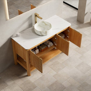 English Elm Sharma 48 Inch Freestanding Bathroom Vanity with Fluted Doors and Carrara Stone Top W2615S00803