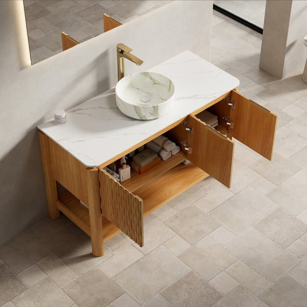 English Elm Sharma 48 Inch Freestanding Bathroom Vanity with Fluted Doors and Carrara Stone Top W2615S00803