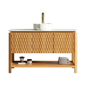 English Elm Sharma 48 Inch Freestanding Bathroom Vanity with Fluted Doors and Carrara Stone Top W2615S00803