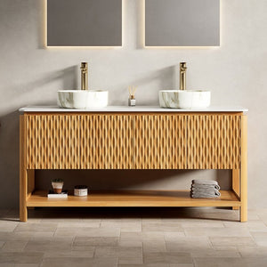English Elm Sharma 60 Inch Freestanding Double Sink Vanity Fluted Bamboo Doors Sintered Stone Top W2615S00804