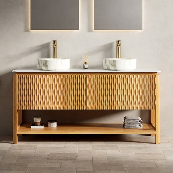 English Elm Sharma 60 Inch Freestanding Double Sink Vanity Fluted Bamboo Doors Sintered Stone Top W2615S00804