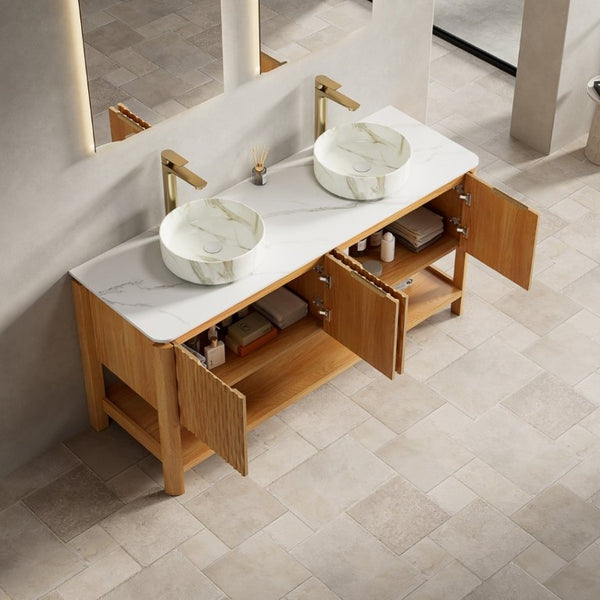 English Elm Sharma 60 Inch Freestanding Double Sink Vanity Fluted Bamboo Doors Sintered Stone Top W2615S00804