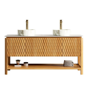 English Elm Sharma 60 Inch Freestanding Double Sink Vanity Fluted Bamboo Doors Sintered Stone Top W2615S00804