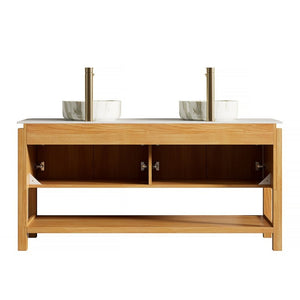 English Elm Sharma 60 Inch Freestanding Double Sink Vanity Fluted Bamboo Doors Sintered Stone Top W2615S00804