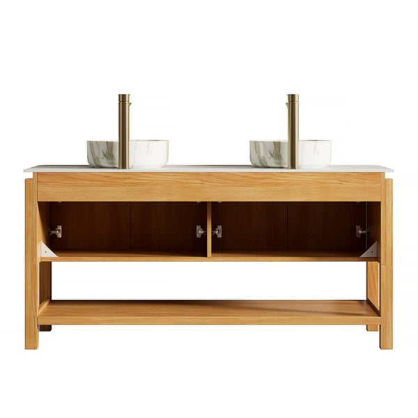 English Elm Sharma 60 Inch Freestanding Double Sink Vanity Fluted Bamboo Doors Sintered Stone Top W2615S00804