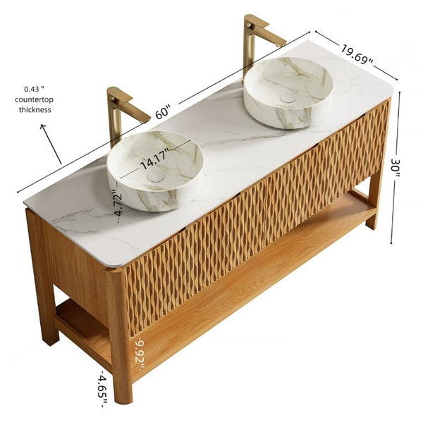 English Elm Sharma 60 Inch Freestanding Double Sink Vanity Fluted Bamboo Doors Sintered Stone Top W2615S00804