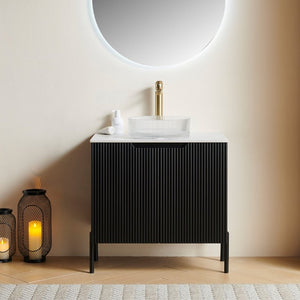 English Elm Turio Freestanding Bathroom Vanity Sintered Stone Top Crystal Glass Basin Soft Close W2615S00805