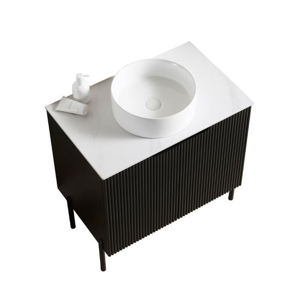 English Elm Turio 30 Inch Freestanding Bathroom Vanity Sintered Stone Top Ribbed Matte Black Cabinet W2615S00806