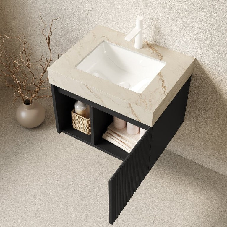 English Elm Eiden Floating Wall Mount Vanity Fluted Matte Black Cabinet Sintered Stone Top 24 Inch W2615S00807