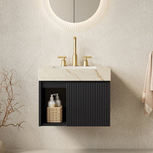 English Elm Eiden Floating Bathroom Vanity with Sintered Stone Top and Fluted Matte Black Cabinet W2615S00808